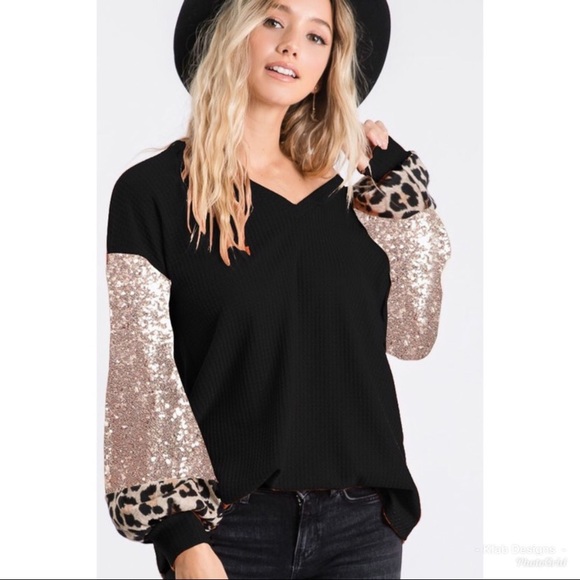 🎉Host pick 🎉Thermal Waffle Knit Puff Sequin top - Picture 3 of 4